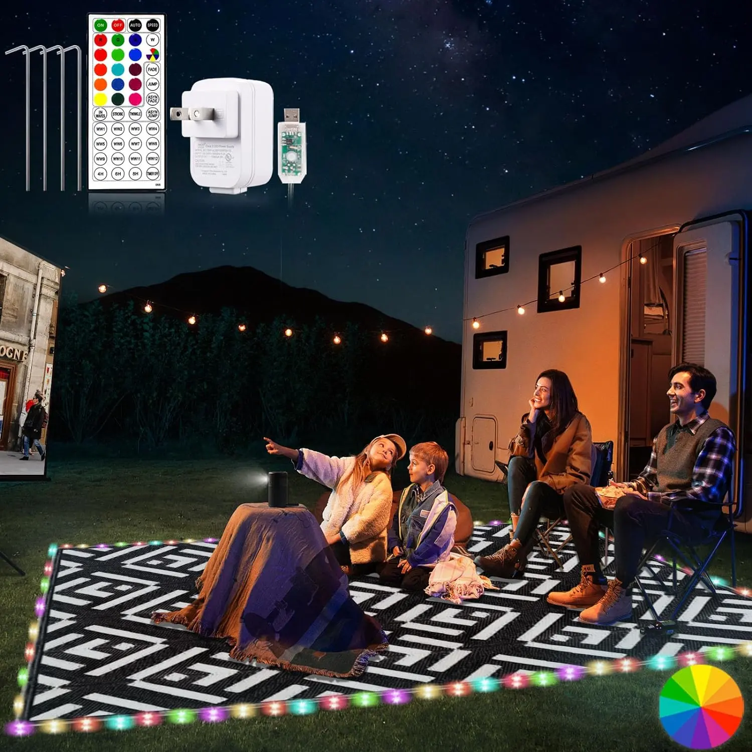 Outdoor Rug 5x8Ft, Plug in 160LEDs Waterproof Outdoor Rug, Waterproof Plastic Reversible Outdoor Straw Rug, Large Area Rug for RV Camping Deck Patio Beach Balcony Backyard Picnic