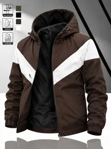 Men's Colorblock Windbreaker Jacket, Anti-Wrinkle Fabric, V-Neck Design, Zipper Closure, Hooded Style, Casual & Versatile