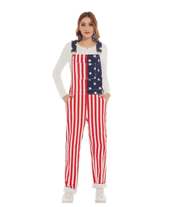 Odefou Women's Fitted Buckle Strappy Classic American Flag Overalls - Casual Basics Strap Pants, Red-White-Blue USA Coveralls for Holiday, Fall-Winter Wear