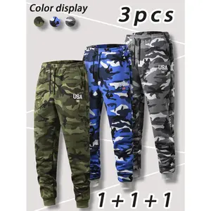 Men's 3piece set casual camouflage sports pants for autumn and winter, featuring unique embroidered American patterns and an elastic drawstring waistband, suitable for outdoor activities, travel, hiking, fitness, running, home improvement Athleisure Style