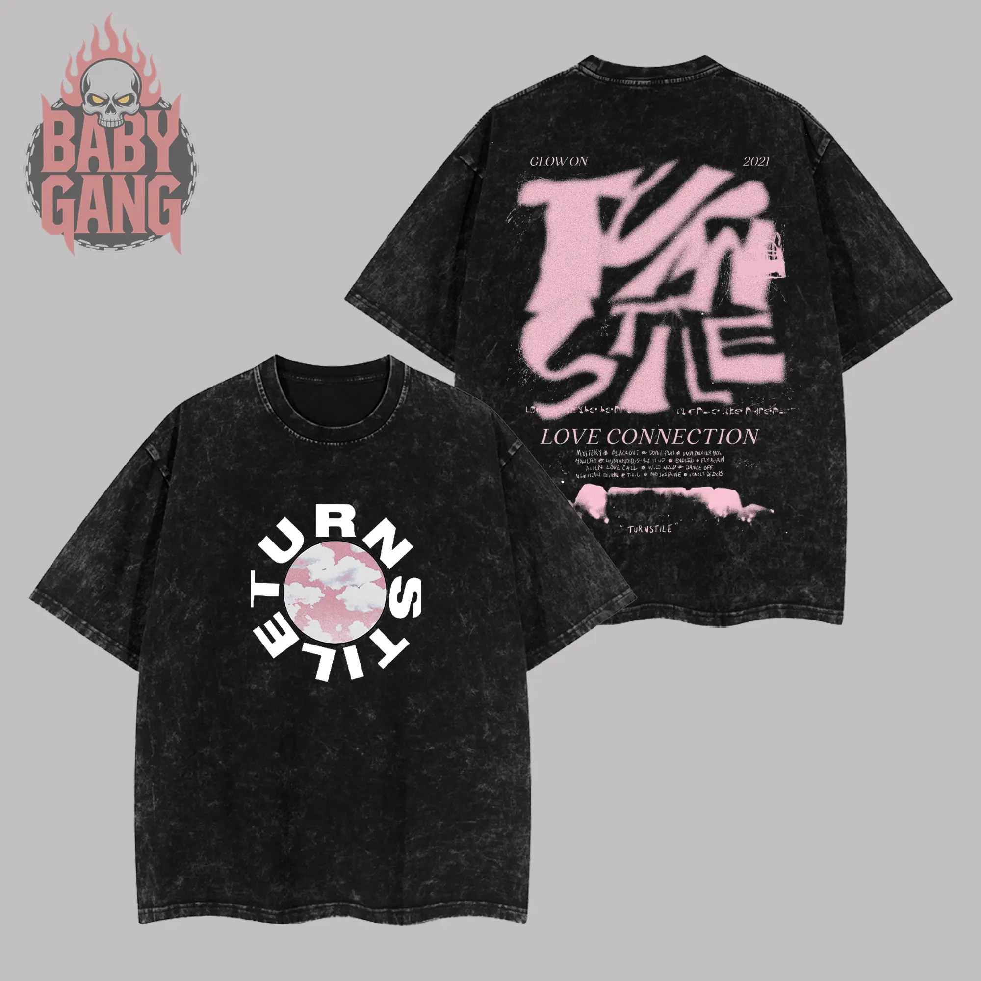 [Baby Gang] Turnstile Band Glow On Vintage Heavy Washed Men's T-shirt Unisex Oversize Rock Alternative Rock Band Cotton Gift For Rock Music Lovers Y2K Outfits Merch For Fan