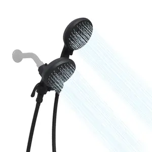 High Pressure Dual Shower Head Combo 2 In 1 Shower System With 5 Inch Rainfall Top Spray Handheld Sprayer 5FT Hose 5 Spray Modes Bathroom Hardware Upgrade Set Tool Free Installation For Home Renter Matte Black Chrome