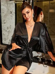 Elegant Lace Backless Coat, High-End Satin Comfortable Sleepwear Loungewear, Alluring Women's Robe, Perfect for Nighttime Elegance