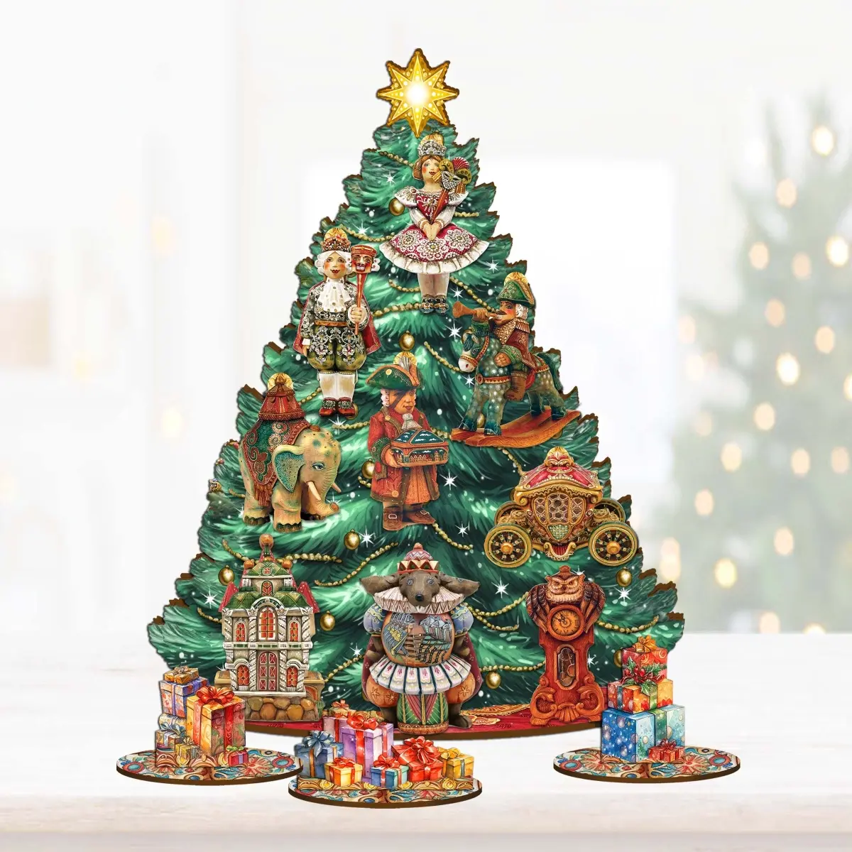 Designocracy 8091519 Wooden Nutcracker Masquerade Christmas Tree Ornaments, 12.5 in. Tabletop Figurines & Miniatures with Tiny Twinkling Lights, Festive Home Supplies Room Accessories, Christmas Decorations