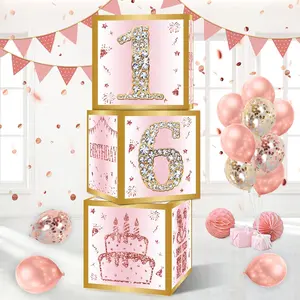 Birthday Decorations Boxes with 0-9 Numbers for Girls or Women - 3 count Pink Rose  Happy Birthday Balloons Boxes,Bday Theme Cardboard Decor