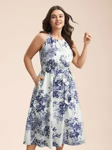 BLOOMCHIC Women's Casual Halter Neck Sleeveless Fit Midi Dress - Polyester-Spandex Garment, Everyday Fabric, Summer Vibe,summerwins