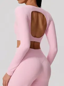 1 count Only Long-sleeved Tops Women's Backless Hollow Design Long Sleeve Athletic Top, Breathable Elastic Yoga Shirt with Removable Bra Padding, U Neckline and Crop Style for Fitness