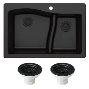 212 MAIN Quarza 33 Dual Mount Double Bowl Granite Kitchen Sink - 60 & 40 Bowl Sizes, Easy Clean, Scratchproof, Includes Strainers, Black