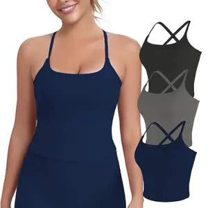 CRAZY YOGA 1/3-PACK 2026 New Adjustable Straps Built-in Bra Tank Top - Criss Cross VS Spaghetti Thin Straps & Scoop Neck, Slim Cute Buttery Soft Thicker Fabric Longline Sports Bra with Built-in One-Piece Bra Pads Yoga Wear Fitness Yoga Gym Activewear