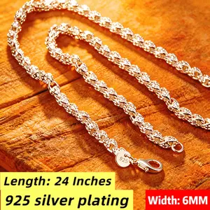 6MM 60CM 925 Silver Plated Chain Necklace, 24 Inch Heavy Duty Wheat Link Necklace, Hypoallergenic Tarnish Resistant Silver Chain for Men & Women, Timeless Everyday Necklace