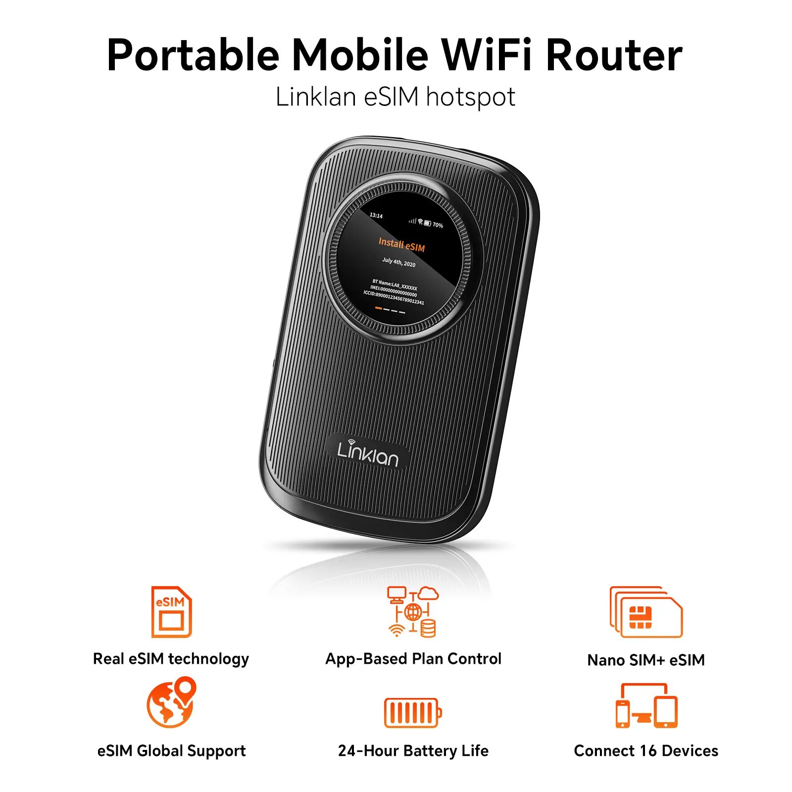 LINKLAN Global Portable eSIM WiFi Hotspot,Built-in eSIM chip，Dual-band , 300Mbps 4G LTE, LED Display No SIMCard/Contract Needed, 16Devices,180+ Countries, for Travel, Car, RV, & Outdoor[Free 5GB US Data]