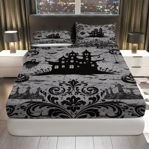 3Pcs Haunted Gothic Castle Fitted Sheet Three Piece Set (1*Fitted Sheet+2*Pillowcases, Coreless), Halloween theme, Spooky Night Bedding Set, Mattress protector Soft, Breathable