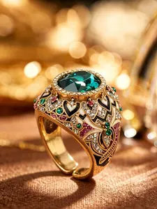 A vintage antique gold court style ring, featuring large emerald as the main stone, paired with colorful gemstones and enamel carvings, suitable for dinners, parties, or vintage outfits.