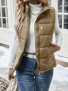 Women's Casual Zipper Closure Stand Collar Padded Padded Puffer Vest, Warm For Autumn/Winter Clothes