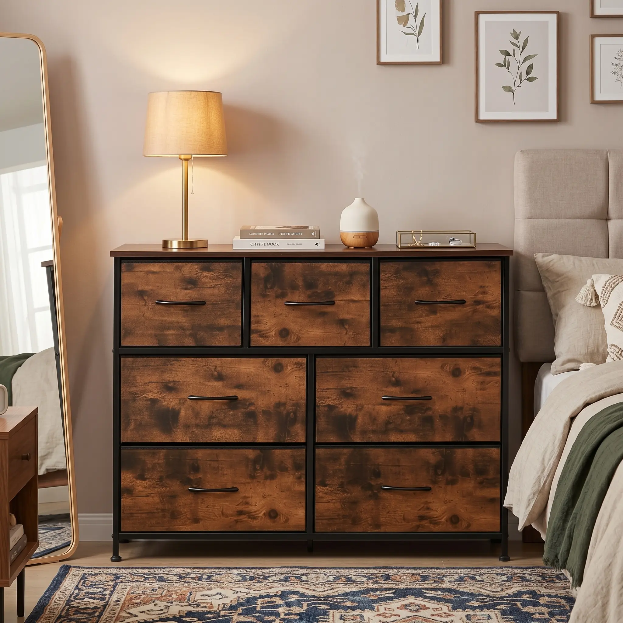 7-Drawer Fabric Dresser Set for Bedroom with Wooden Top and Metal Frame, Drawers for Bedroom Storage Chest Organizer Tower, Wide Closet Clothes Storage, Sturdy Multi-Purpose Indoor Cupboard for Living Room, Entryway, White, Dresser Set Bedroom, Practical