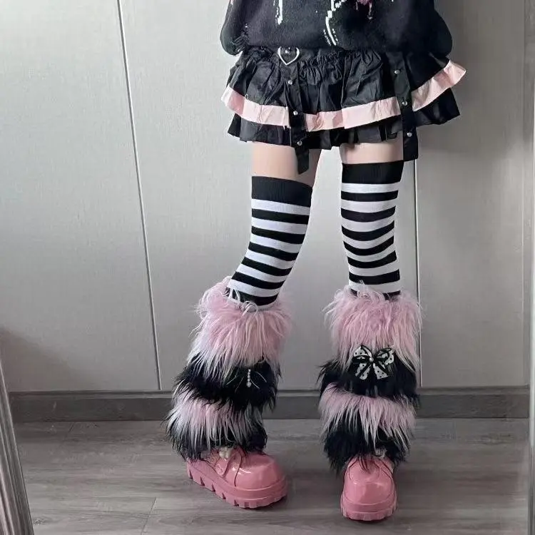 Winter Gradient Plush Anti Fur Legwarmers Spicy Girl Sweet Cool Ins Y2K Subculture Mid Calf Legwarmers Pink Fur Sock Warmers