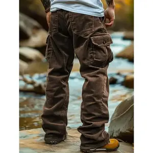 Cozy Comfort] Men's Brown Corduroy Cargo Pants with  Pockets - Casual, Breathable & Comfortable Polyester Woven Trousers for Casual