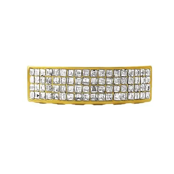 4-Row Princess Cut Bottom Grillz, Gold Plated Brass Iced Out Look Teeth Jewelry, Removable Fit Costume Accessory with Easy Wear Silicone Mold, Dental Accessory, Teeth Accessory
