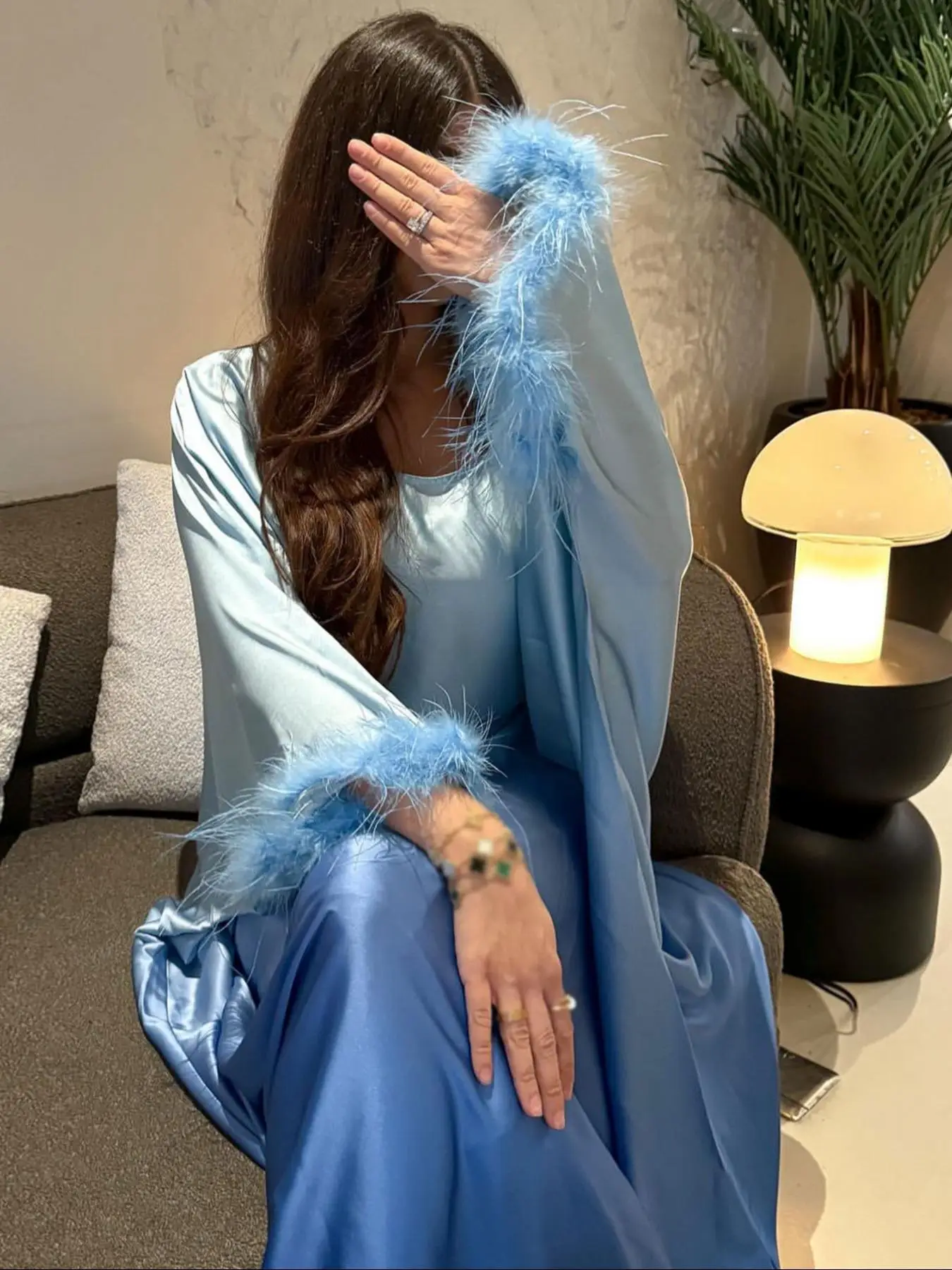 Women's Ombre Print Fuzzy Trim Batwing Sleeve Kaftan Dress, Elegant Long Sleeve Round Neck Maxi Dress for Party Holiday Wedding Guest, Women's Islamic