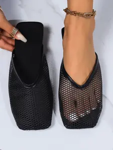 Women's Fashionable Breathable Mesh Mule Slippers, Casual Comfortable Slip-On Fishnet Sandals, Simple Classic Versatile Square Toe Flat Shoes, Lightweight Open Back Summer Slides for Daily Wear, Shopping, Vacation, Girl Casual Flats