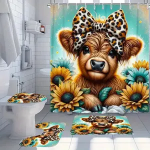 4 pcs stylish leopard bow and cow pattern, exquisite shower curtain set, non-slip floor mat, U-shaped carpet, toilet cover, perfect for bathroom decoration, partition, beautify the space, 12 shower curtain hooks are given