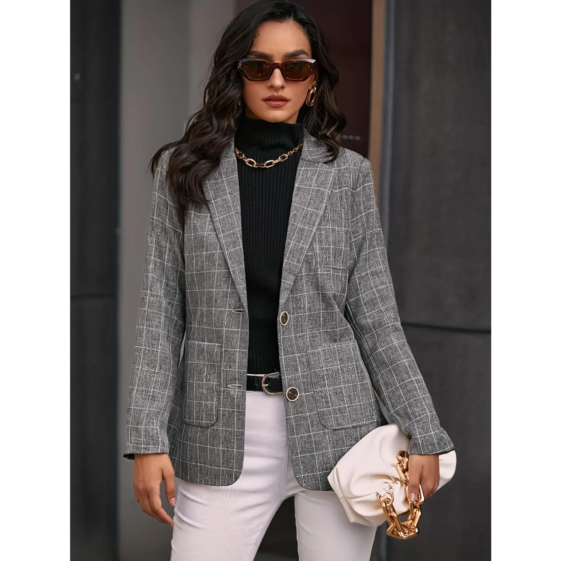Plaid Print Single Breasted Lapel Blazer, Elegant Patched Pockets Long Sleeve Blazer For Office & Work, Women's Clothing