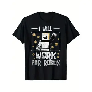 Kid's Cotton T-Shirt 'I Will Work For Robux' Pixelated Character Graphic Breathable Moisture-Wicking Casual Crew Neck Tee Multi-Season Comfort Fit Ideal Gift For Boys Girls Gaming Enthusiast Apparel