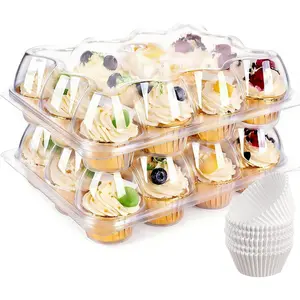 12 Count x 12 Sets Cupcake Carrier With 150 Pack Liners Stackable Plastic Cupcake Containers Holder With Tall Dome Lid Disposable Cupcake Storage Trays