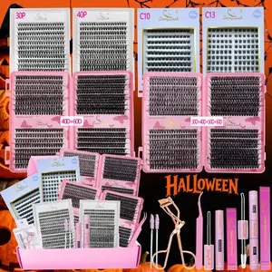 Big Pack of Cluster Eyelashes Kit with Bond Seal Remover, Applicator, Lash Curler & Brushes, Natural Wispy Mixed Styles & Length Cluster Lash Extension Kit, Eyelash extensions kit