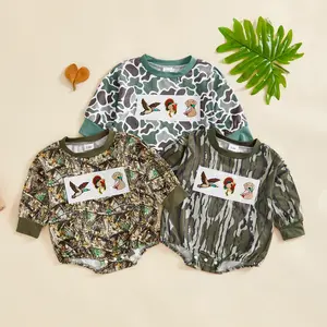 Babamoon Infant Baby Boy Romper Long Sleeve Crew Neck Camouflage Embroidery Animal Mallard Duck Onesie Bodysuit Toddler Hunting Clothes