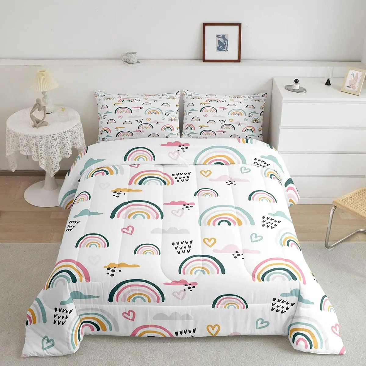 Feelyou Blanket Bedding Set - Cozy Setup, Soft Bright Color Duvet, Breathable Multi-Size, Blush Pink Love Heart Comforter, Cartoon Cloud, Geometric Stripes, Women's Watercolor Art Bedsheet, Camping-Friendly, Low Roll Over, Machine Washable, No Rainbow