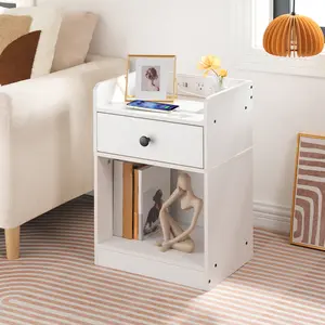 HOOBRO Nightstand with Charging Station, End Table with Drawer and Opening Shelf, Bedside Table with USB Ports and Outlets, Small Night Stand for Bedroom, Simple Style, White #SummerVibes