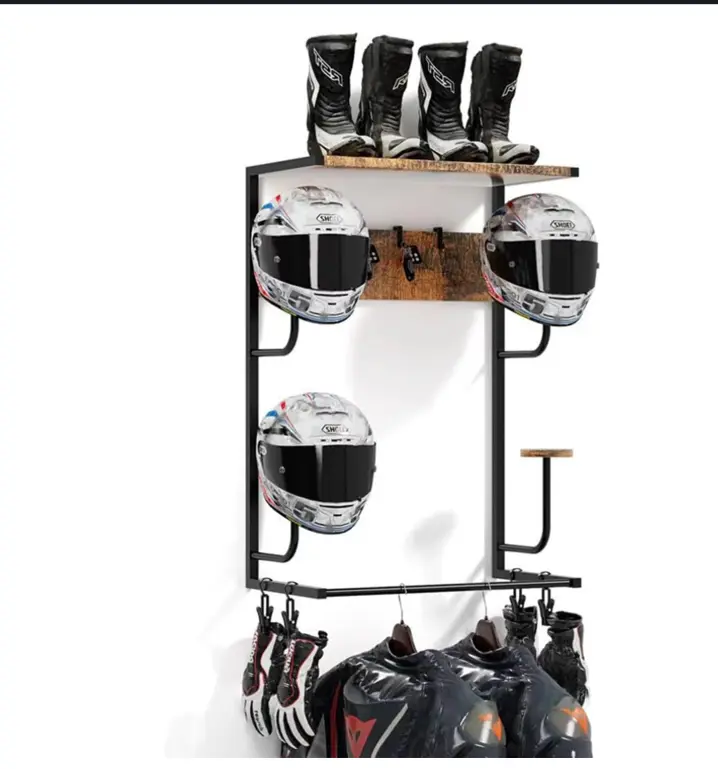 HOBBYLANE Motorcycle Helmet Holder, Rustic Motorcycle Helmet Displayer With 4 Hat Stands and 4 Glove Clips 4 Hooks for Most of Helmet and Motorcycle Accesories