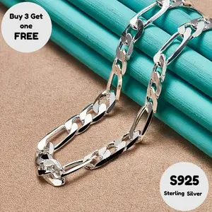 S925 Sterling Silver Figaro Necklace, 8 mm, Classic and Simple Design, Suitable for All Occasions—Valentine’s Day, Halloween, Christmas, Anniversaries, or as a Holiday Gift, Includes a Gift Box (Buy Three Get One Free).