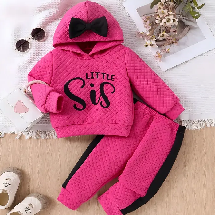 Ready Stock 6m-3y Toddler Girls' Playful Pants Set "Little Sis" Design with Bow, Perfect for Little Sisters' Stylish Adventures T2484099