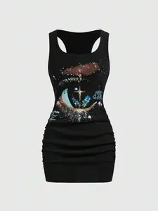 Women's Vintage Bad Girl Style Mini Dress, Star Print Tight-Fitting Slimming Streetwear, Summer Fashion for All Seasons Aesthetic