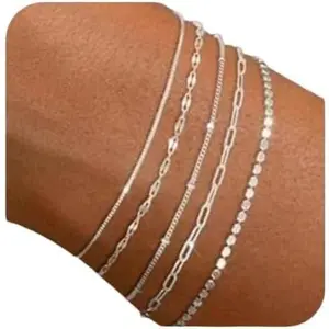 Silver Bracelet Set - Dainty Silver Bracelets for Women, 5 Packs, Waterproof Women's Jewelry, Trendy Minimalist, Small Thin Chain Bracelet Stack Gifts for Women
