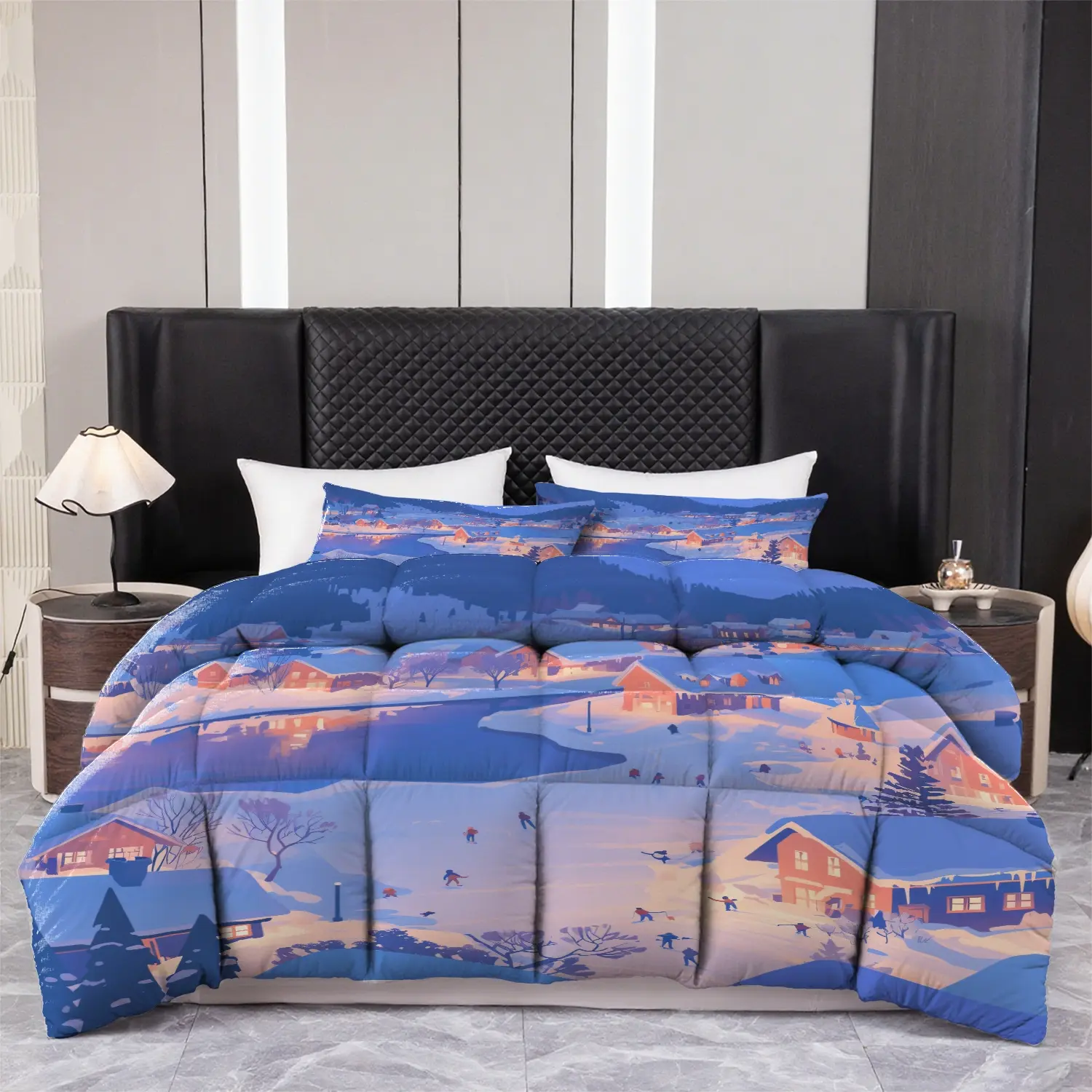 Winter Wonderland Snow Village Comforter Set, 3-Piece Printed Quilt with Pillowcases, Ultra Soft Microfiber Bedding for All Seasons