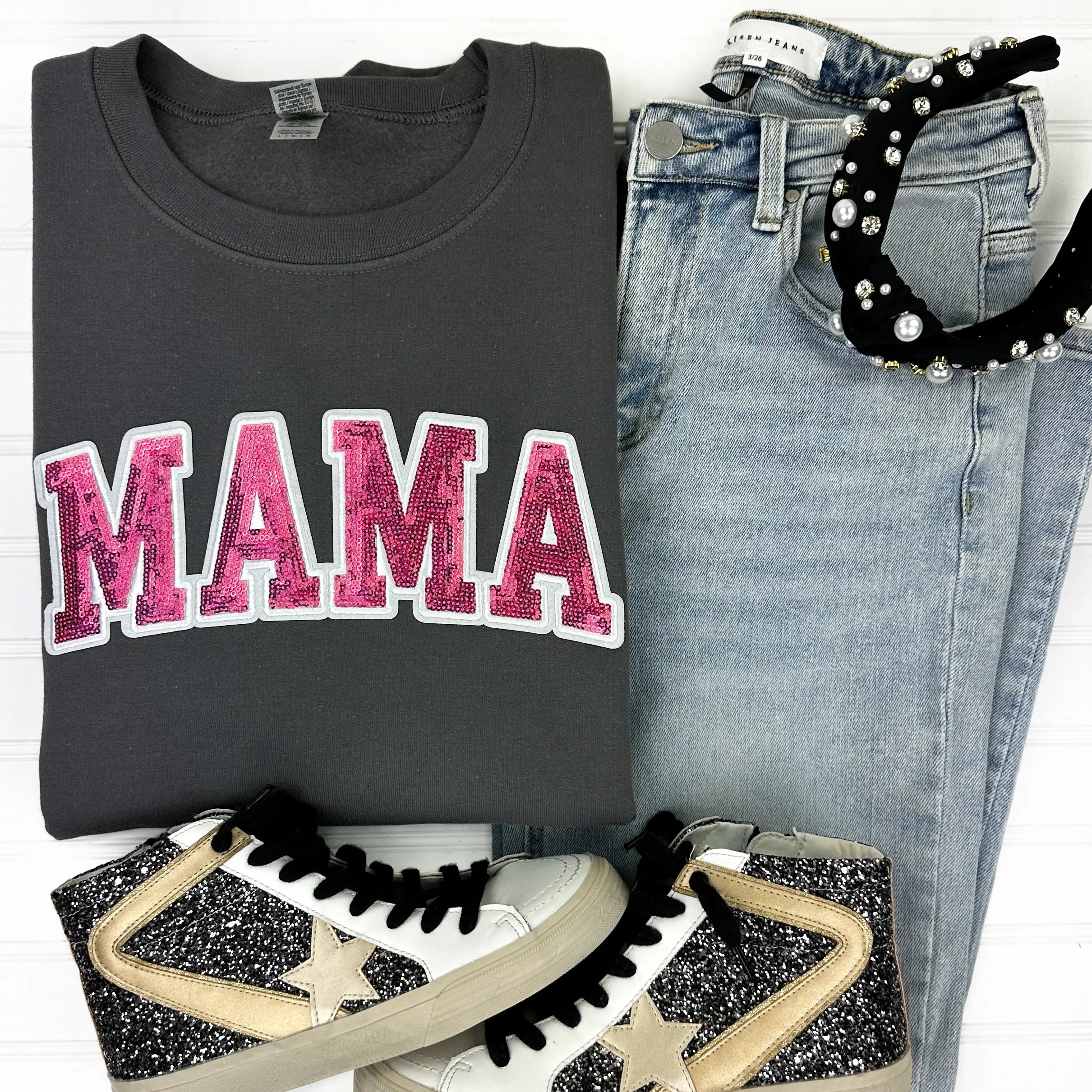 Pink Sequin MAMA Patch Sweatshirt