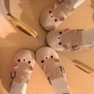 Fashion Women Boken Shoes  Retro Thick-Soled Super Comfortable Cute Exquisite Little Bear Design Outdoor Casual Half-Drag Flats