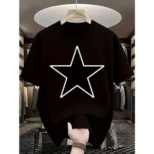 Mens Black Crewneck Short Sleeve Graphic Tee White Outline Star Print Streetwear Casual Summer Soft Cotton Top for Everyday Outfit Party Night Out