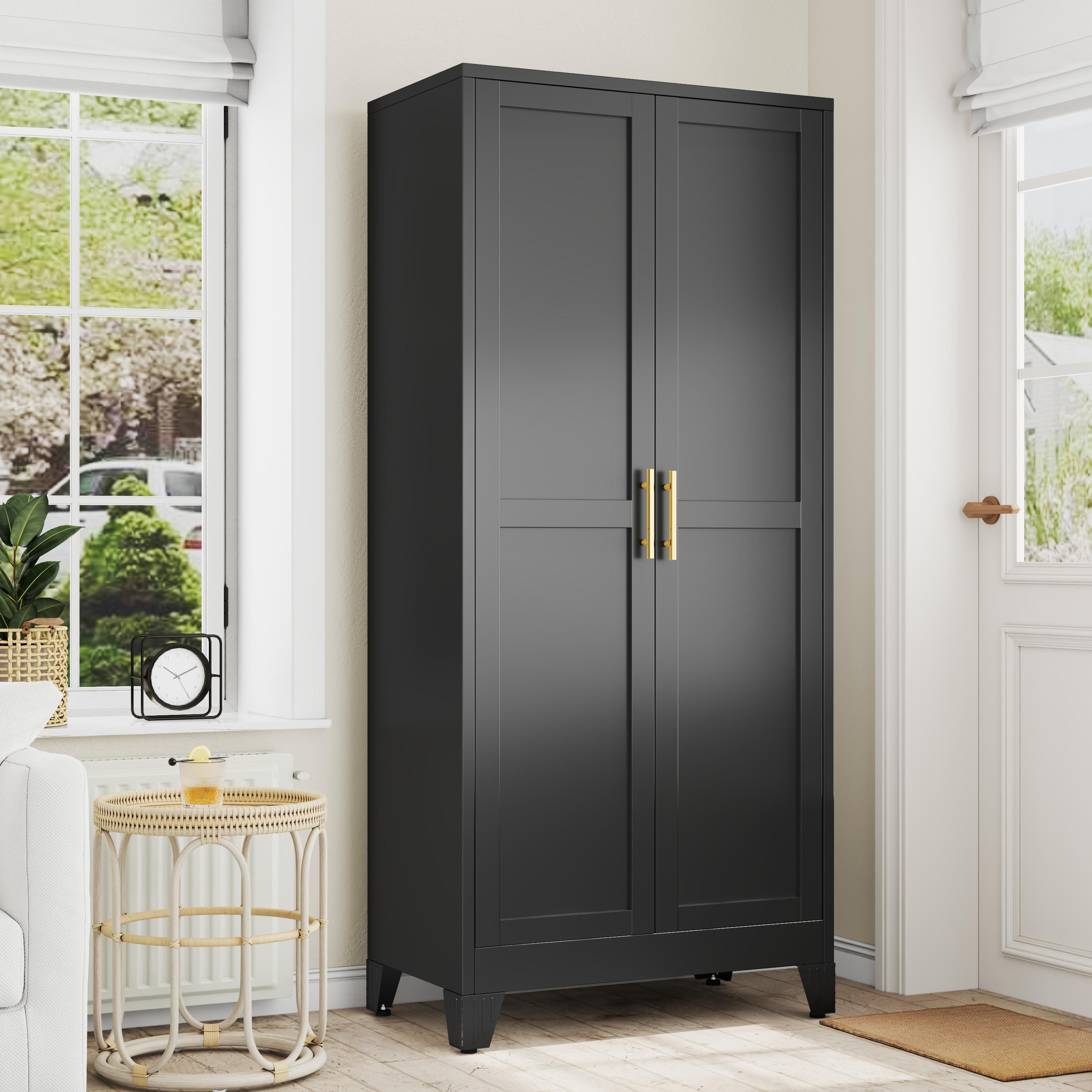 Metal Armoire Wardrobe Closet with 2 Doors, Freestanding Bedroom Clothing Storage Cabinet with Adjustable Shelves & Hanging Rod