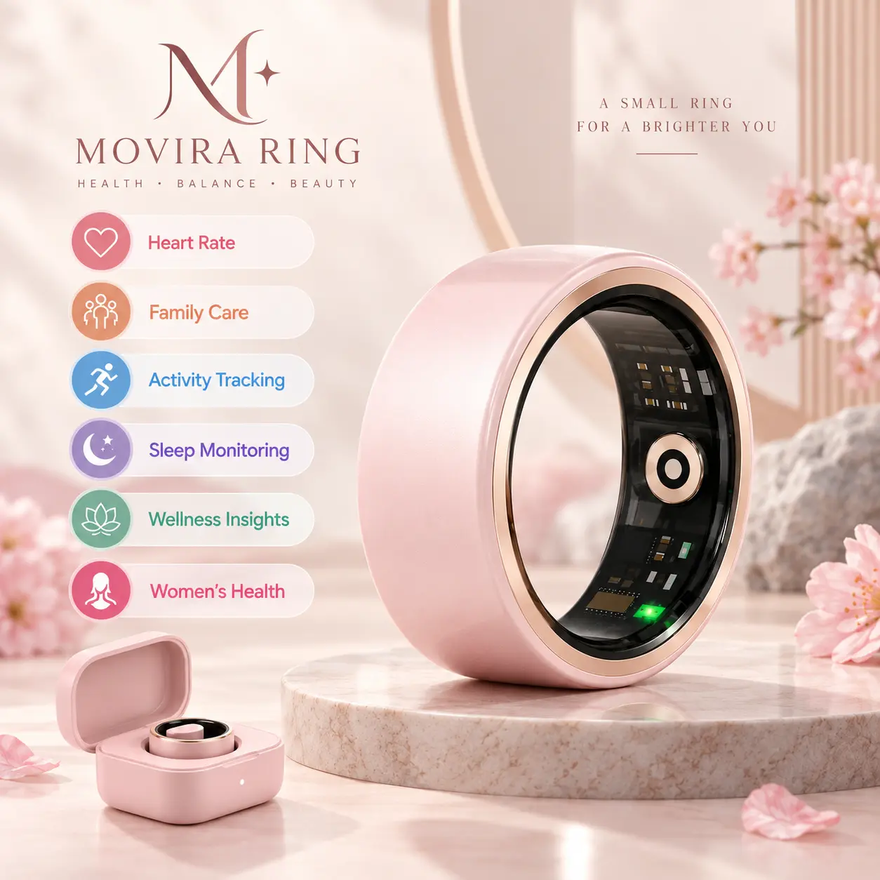 Pink Smart Ring for Women, Heart Rate, Sleep, Blood Oxygen, Stress & Cycle Tracking, Body Temperature, Multiple Sports Modes, IP68 Water Resistant, Charging Case, Free App, No Subscription, Compatible with iOS & Android  Wearable Monitor