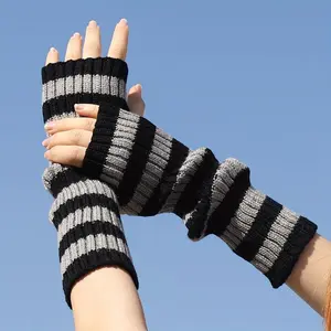 Versatile Striped Knitted Arm Warmers - Pair of Long Fingerless for Daily Use with Personality