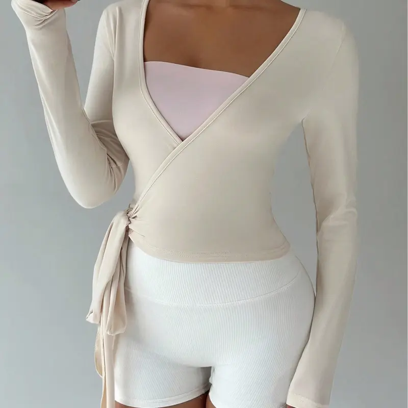 Women's Multicolor Yoga Fitness Front-Tie V-Neck Long Sleeve Cropped Tee Fitted Design Activewear, a minimalist and elegant essential for spring and autumn seasons.