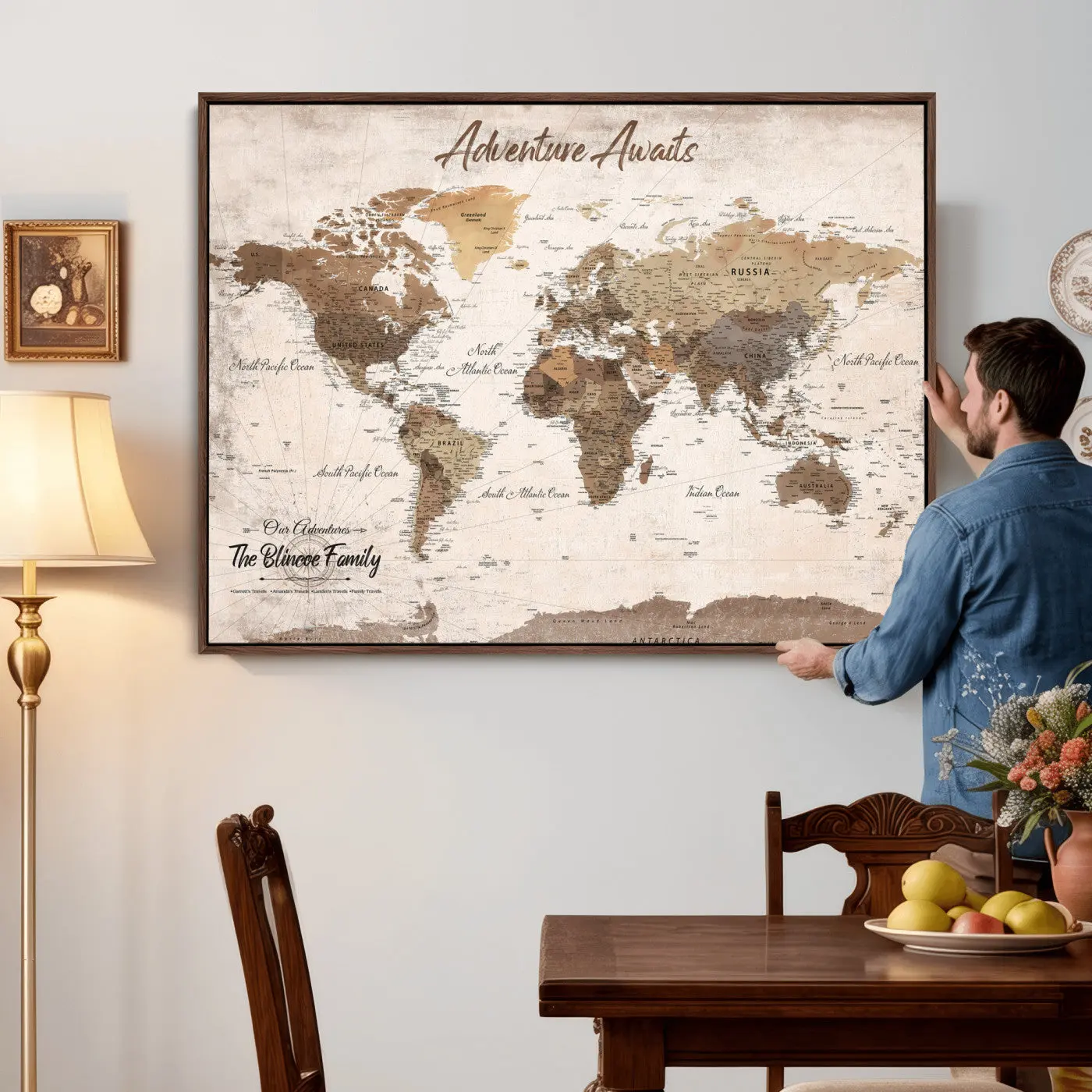 Customizable Colorful Artistic Push Pin World Map Canvas Print Wall Art - Personalized Travel Tracker, Home/Office Decor, Home Supplies for Living Room, Office