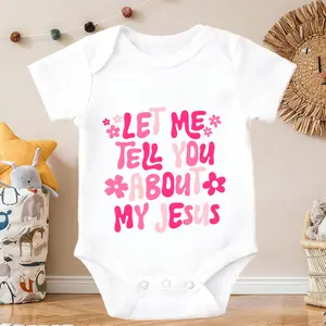 Let Me Tell You About My Jesus Print Baby Bodysuit Casual Short Sleeve Romper | Casual Triangle Style Romper Lightweight feature Gentle on Skin Coming Home Outfit New Born, Baby Shower Gift New Parents Gift
