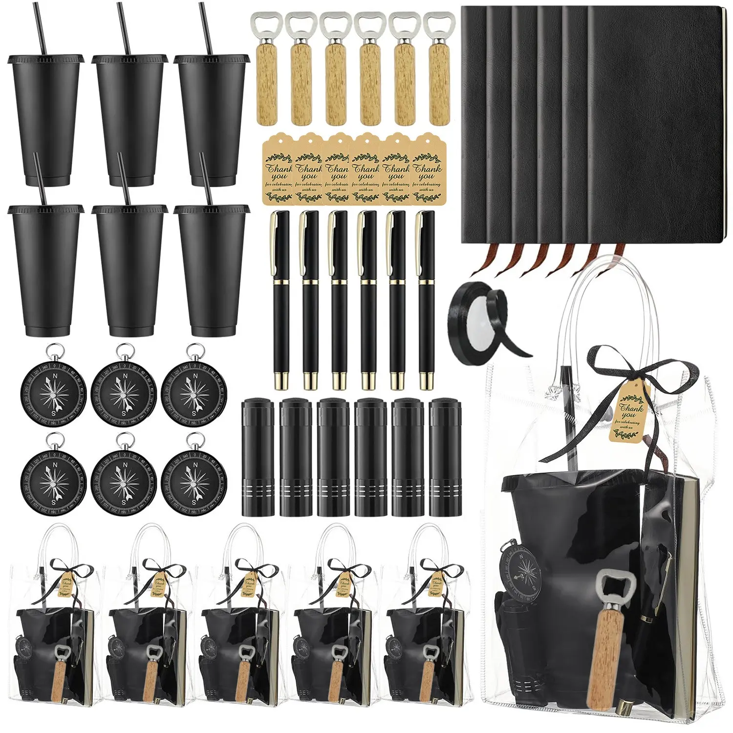 49 Pcs Groomsmen Proposal Gifts Set Bulk, 6 Sets Best Man Gift Include Black Tumblers, Notebooks, Pens, Flashlights (No Battery), Compasses, Bottle Openers, Clear Bags & Tags for Men Party Favors