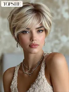 Short Pixie Cut Wig with Bang, Heat Resistant Human Hair Bob Wig for Women, Daily Use, Summer Vacation, Party, Pixie Wigs