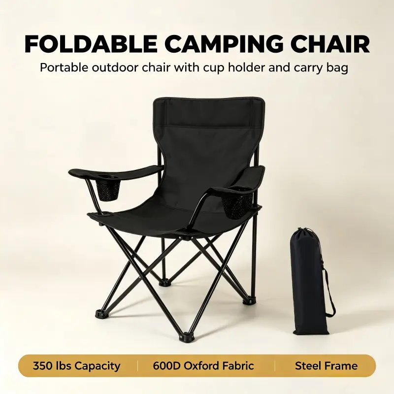 Heavy Duty Folding Camping Chair, 600D Oxford Fabric with 350 LBS Weight Support, Portable with Cup Holder & Carry Bag for Picnics, Patios, Outdoor Events, Foldable Frame, Folding Frame, Single Seat, Hiking, Campfire / Bbq Party, Watch Party, 350 Lbs Cap.